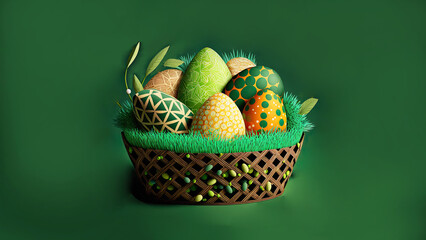3D Render of Colorful Printed Eggs Inside Grass Basket On Green Background And Copy Space. Happy Easter Concept.