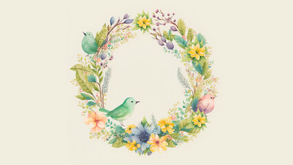 Illustration Of Colorful Cute Birds Character On Floral Circular Frame Against Cosmic Latte Background And Copy Space.