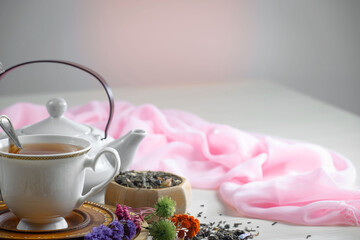 Sweet, hot tea with dessert, on an old background.