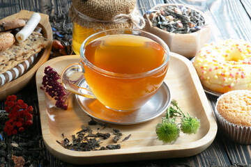 Sweet, hot tea with dessert, on an old background.