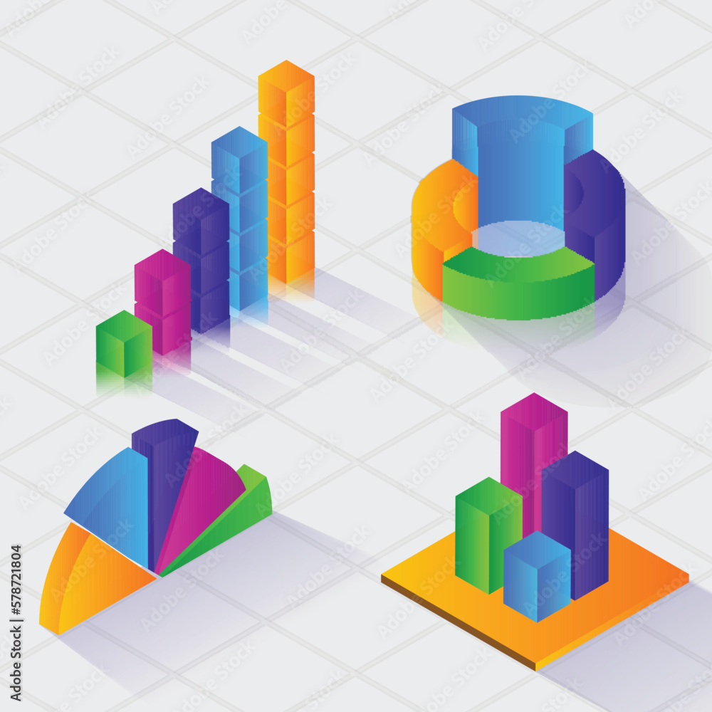 Poster 3d render of colorful business infographic elements as bar graph, pie chart against gray criss cross