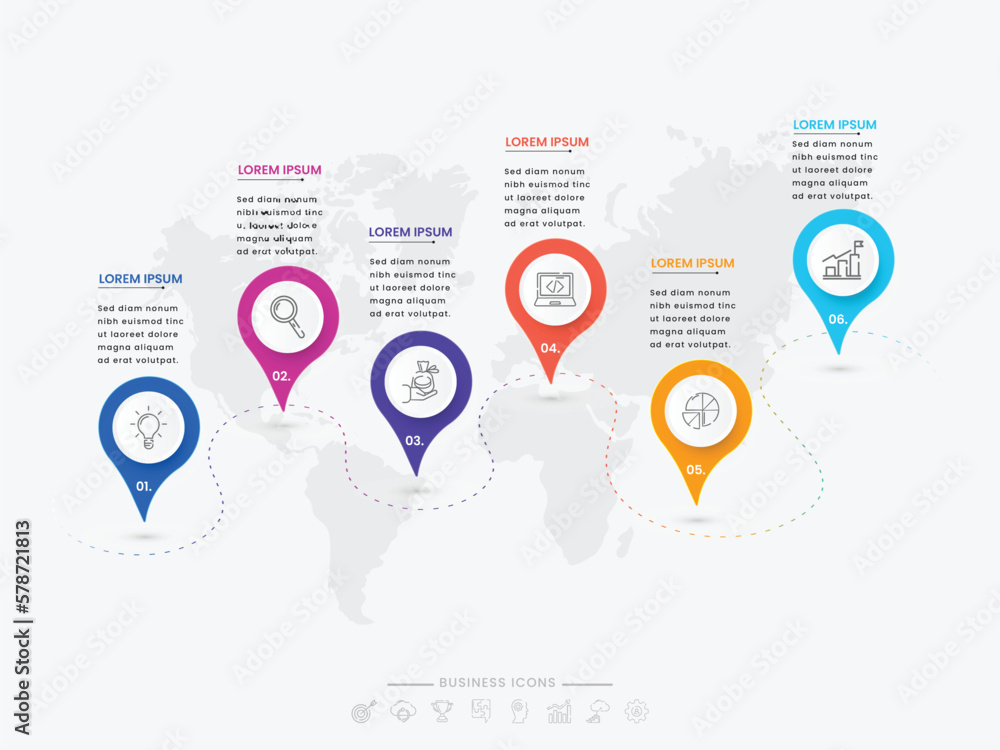 Poster navigation location powerpoint template with business icons and 6 options on world map.