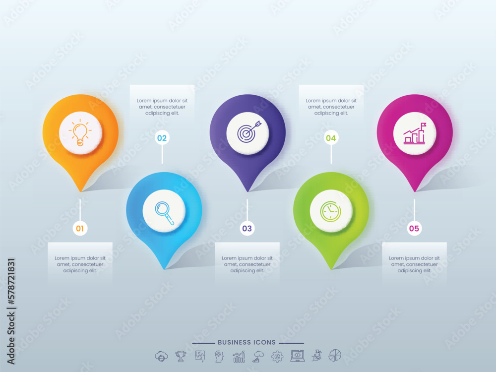 Poster business infographic timeline template with five location pins of different color and thin line icon