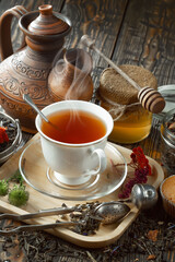 Sweet, hot tea with dry tea leaves, on an old background.