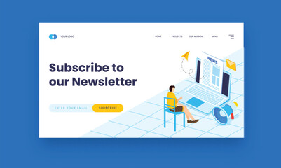 Subscribe To Our Newsletter Hero Banner Design With Young Man Character Watching News On Laptop. - obrazy, fototapety, plakaty