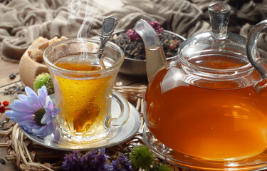 Sweet, hot tea with dessert, on an old background.