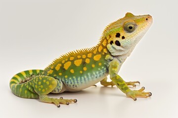 Image of a single female Chamaeleo calyptratus against a white backdrop. Generative AI