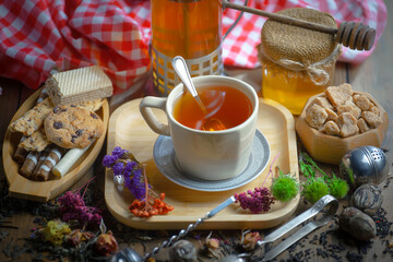 Sweet, hot tea with dessert, on an old background.