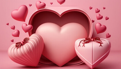 Heart shaped box and balloon, pink background, Generative AI