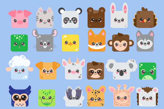Cute square animal faces. Cartoon heads of characters. Set icons of cat, panda, pig, owl and crocodile. Minimal simple design. Vector illustration