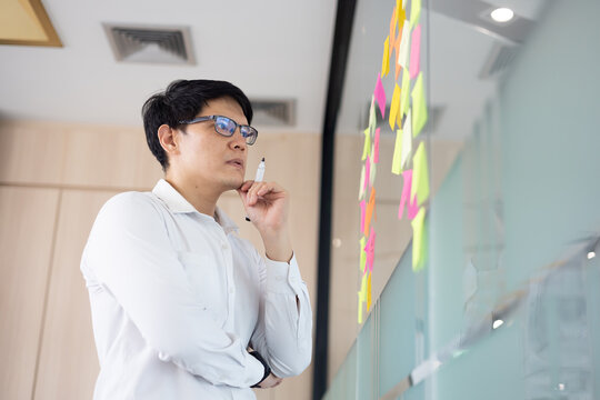 Asian office worker thoughtful about new project presentation, putting plan and idea at sticky marker on whitebord.
