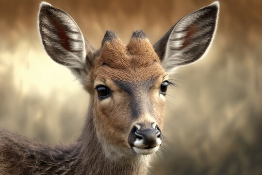 small antlered juvenile deer photographic likeness of a wild animal taken at close range. Generative AI