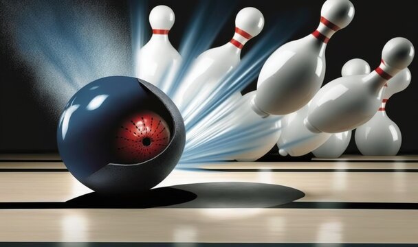  a bowling ball crashing into the pins of a bowling alley.  generative ai