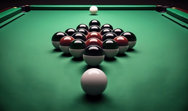  a pool table with eight balls arranged in a triangle on it.  generative ai