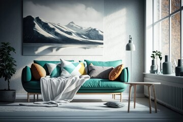 Blanket colored living quarters with a solitary white sofa. Scandinavian style furniture and decor. Generative AI