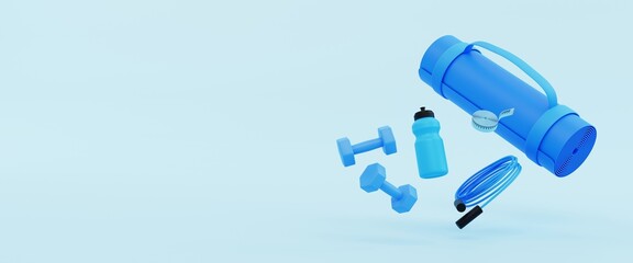 3d illustration of weight training equipment. fitness equipment icon concept. dumbbells, yaga mat, jump rope in blue monochrome style. copy space