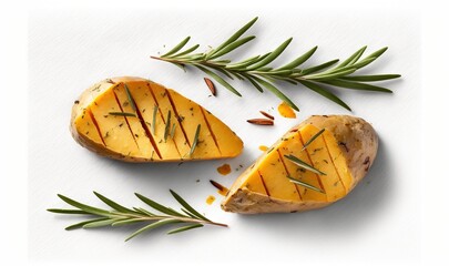  two slices of baked potatoes with a sprig of rosemary.  generative ai