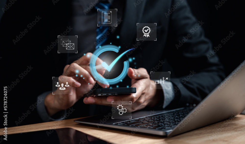 Aufkleber Quality management with Quality Assurance or QA and Quality Control or QC and improvement. Standardization, certification. Compliance to regulations service and standards...