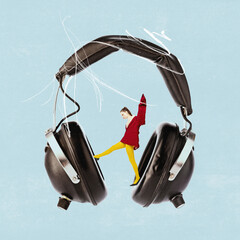 Contemporary art collage, modern surreal design of young woman listening music in headphones...