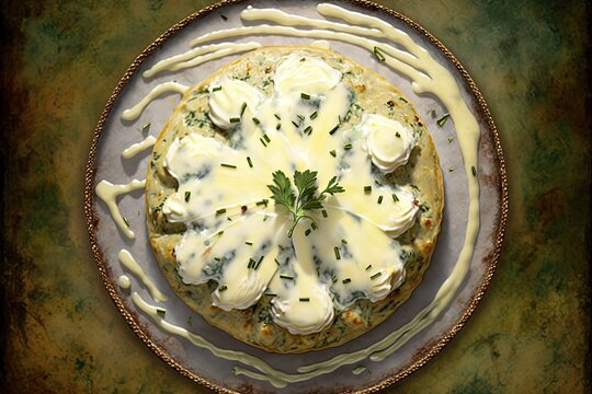 Cake made with zucchini, herbs, and cheese, topped with a savory sauce, viewed from above. Generative AI