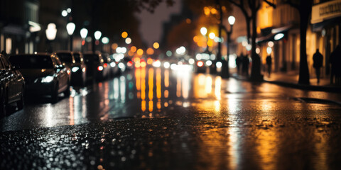 Fototapeta premium boulevard urbain la nuit sous la pluie, effet bokeh, couleurs chaudes