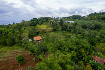 Fototapeta na wymiar Aerial view of the hills containing a variety of plantations and hill houses