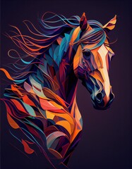 colourful abstract modern equestrian illustration of a horse on black background, generative ai