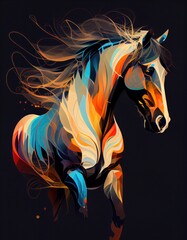 Fototapeta na wymiar colourful abstract modern equestrian illustration of a horse on black background, generative ai