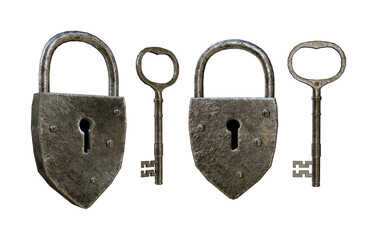 3d rendering old antique lock and key fastening secured device perspective view