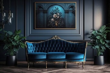 Salon decor for selling and displaying furniture. Exposed for sale in a home furnishings shop is a navy blue sofa, settee, or couch. Coziness as it relates to the inside of a home, including its desig
