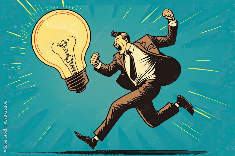 Aufkleber excited businessman with enormous lightbulb idea sprinting to invent new product, representing creat