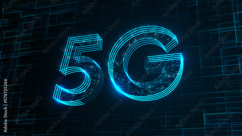 Poster futuristic bluish green 3d perspective view 5g lettering lines with square dots fractal digital tech