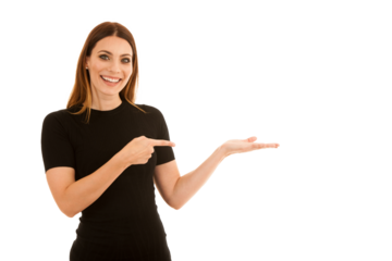Confidens business woman points into copy space on her left isolated over white background
