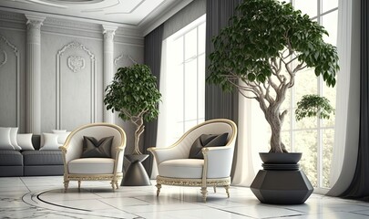  a living room with two chairs and a potted tree.  generative ai