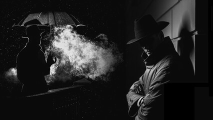 man spy detective in a dark rainy city at night in the noir style. Collage of male silhouette of mafia in film style - obrazy, fototapety, plakaty