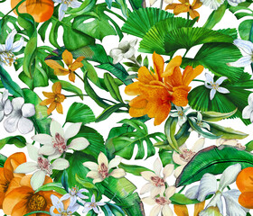Tropical seamless pattern with tropical flowers and leaves. Seamless botanical wallpaper with palm leaves and orchids. - 578726419