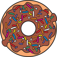 Donut with chocolate glaze and sprinkles. Vector illustration.