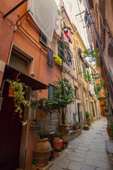 Fototapeta na wymiar Traditional Italian architecture, colorful houses and narrow street in VERNAZZA, Italian Riviera, Cinque Terre, Liguria, Italy