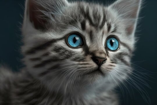 Gray tabby kitten with blue eyes is lovely and funny. Picture of a cute and cuddly cat. Generative AI