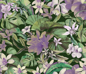 Tropical seamless pattern with tropical flowers and leaves. Seamless botanical wallpaper with palm leaves and orchids.