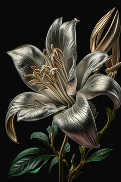 silver lily flower isolated on black, ai  generated,
