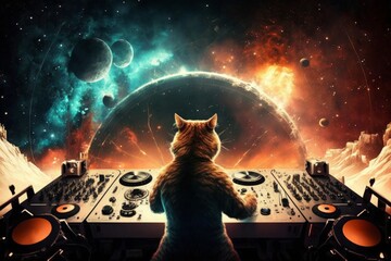 cat in a cosmic landscape in front of a crowd at the DJ consol Generative AI