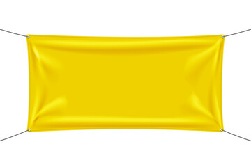 Yellow fabric banner with folds stretched on ropes with space for your slogan, word or art. Png isolated on transparent background