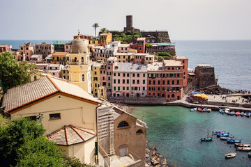 Santa Margherita di Antiochia church and aerial view of Vernazza Italy