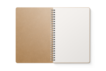 Spiral bound notebook mockup template with Kraft Paper cover isolated on a transparent background, PNG. High resolution.