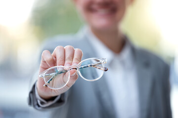 Frame, optometry and hands with glasses for eyes for eye exam, vision testing and optician store....