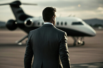 A rich person in business suit is standing on airport runway in front of the private jet. The Billionaire, businessman successful concept scene. Generative Ai image.	
