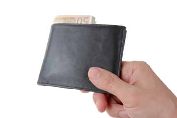 Purse with money in hand isolated on white background