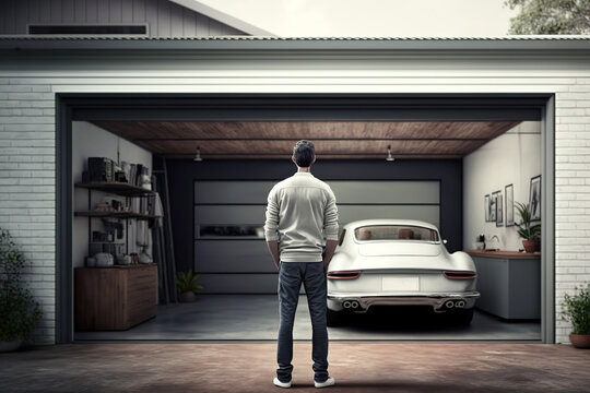 A man is casual white T-shirt is standing in front of the home garage with the white classic sport or super car is parked inside. Generative Ai image.