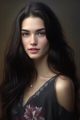 Fototapeta premium Photorealistic photo of beautiful young woman with black long hair and brown eyes.